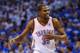 OKLAHOMA CITY, OK - MAY 27: Kevin Durant #35 of the Oklahoma City Thunder reacts to a play in the third quarter against the San Antonio Spurs during Game Four of the Western Conference Finals of the 2014 NBA Playoffs at Chesapeake Energy Arena on May 27, 2014 in Oklahoma City, Oklahoma. NOTE TO USER: User expressly acknowledges and agrees that, by downloading and or using this photograph, User is consenting to the terms and conditions of the Getty Images License Agreement. (Photo by Ronald Martinez/Getty Images)