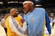 LOS ANGELES - APRIL 23: Derek Fisher #2 of the Los Angeles Lakers greets Carmelo Anthony #15 of the Denver Nuggets prior to Game Two of the Western Conference Quarterfinals during the 2008 NBA Playoffs at Staples Center on April 23, 2008 in Los Angeles, California. The Lakers won 122-107. NOTE TO USER: User expressly acknowledges and agrees that, by downloading and/or using this Photograph, user is consenting to the terms and conditions of the Getty Images License Agreement. Mandatory Copyright Notice: Copyright 2008 NBAE (Photo by Andrew D. Bernstein/NBAE via Getty Images)