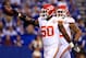 INDIANAPOLIS, IN - JANUARY 04: Outside linebacker Justin Houston #50 of the Kansas City Chiefs celebrates against the Indianapolis Colts during a Wild Card Playoff game at Lucas Oil Stadium on January 4, 2014 in Indianapolis, Indiana. (Photo by Rob Carr/Getty Images)