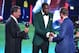 Dan Marino and Kevin Durant present the award for best record breaker to Peyton Manning at the ESPY Awards at the Nokia Theatre on Wednesday, July 16, 2014, in Los Angeles. (Photo by John Shearer/Invision/AP)