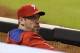 Philadelphia Phillies pitcher Cliff Lee watches the baseball game against the Miami Marlins from the dugout in the ninth inning in Miami, Wednesday, May 21, 2014. The Marlins won 14-5. (AP Photo/Alan Diaz)