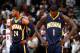 ATLANTA, GA - APRIL 24: Lance Stephenson #1 and Paul George #24 of the Indiana Pacers react in the final minutes of their 98-85 loss to the Atlanta Hawks in Game 3 of the Eastern Conference Quarterfinals during the 2014 NBA Playoffs at Philips Arena on April 24, 2014 in Atlanta, Georgia. NOTE TO USER: User expressly acknowledges and agrees that, by downloading and or using this photograph, User is consenting to the terms and conditions of the Getty Images License Agreement. (Photo by Kevin C. Cox/Getty Images)