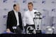 Michigan State head coach Mark Dantonio, left, talks with Ohio State head coach Urban Meyer during a news conference for the Big Ten Conference championship NCAA college football game Friday, Dec. 6, 2013, in Indianapolis. Ohio State will play Michigan State, Saturday for the championship. (AP Photo/Darron Cummings)