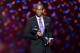 Sportscaster Stuart Scott accepts the Jimmy V award for perseverance, at the ESPY Awards at the Nokia Theatre on Wednesday, July 16, 2014, in Los Angeles. (Photo by John Shearer/Invision/AP)