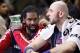 Nov 13, 2013; San Antonio, TX, USA; Washington Wizards forward Nene (left) talks with teammate Marcin Gortat (right) during the second half against the San Antonio Spurs at AT&T Center. The Spurs won 92-79. Mandatory Credit: Soobum Im-USA TODAY Sports