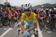 Italy's Vincenzo Nibali, wearing the overall leader's yellow jersey, poses for photographers prior to the fifteenth stage of the Tour de France cycling race over 222 kilometers (137.9 miles) with start in Tallard and finish in Nimes, France, Sunday, July 20, 2014. (AP Photo/Christophe Ena)