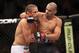 Feb 1, 2014; Newark, NJ, USA; Renan Barao (red gloves) and Urijah Faber (blue gloves) after their fight during UFC 169 at Prudential Center. Mandatory Credit: Joe Camporeale-USA TODAY Sports