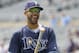 Tampa Bay Rays pitcher David Price laughs with a teammate after taking batting practice before a baseball game against the Minnesota Twins in Minneapolis, Sunday, July 20, 2014. (AP Photo/Ann Heisenfelt)