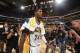 INDIANAPOLIS, IN - MAY 28: Paul George #24 of the Indiana Pacers celebrates after Game Five of the Eastern Conference Finals against the Miami Heat during the 2014 NBA Playoffs on May 28, 2014 at Bankers Life Fieldhouse, Indianapolis, IN. NOTE TO USER: User expressly acknowledges and agrees that, by downloading and or using this photograph, User is consenting to the terms and conditions of the Getty Images License Agreement. Mandatory Copyright Notice: Copyright 2014 NBAE (Photo by Ron Hoskins/NBAE via Getty Images)