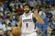 Minnesota Timberwolves guard Ricky Rubio (9), of Spain, gestures to teammates during the fourth quarter of an NBA basketball game against the Chicago Bulls in Minneapolis, Wednesday, April 9, 2014. The Bulls won 102-87. (AP Photo/Ann Heisenfelt)