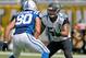 Sep 29, 2013; Jacksonville, FL, USA; Indianapolis Colts tight end Coby Fleener (80) tries to get past Jacksonville Jaguars defensive end Jason Babin (58) in the first quarter of their game at EverBank Field. The Indianapolis Colts beat the Jacksonville Jaguars 37-3. Mandatory Credit: Phil Sears-USA TODAY Sports