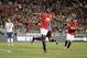 Manchester United's Danny Welbeck celebrates after scoring against the Los Angeles Galaxy during the first half of a friendly soccer match at Rose Bowl on Wednesday, July 23, 2014, in Pasadena, Calif. (AP Photo)