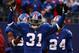 EAST RUTHERFORD, NJ - NOVEMBER 16: Aaron Ross #31 of the New York Giants celebrates after returning an interception for a touchdown against the Baltimore Ravens in the fourth quarter of their game on November 16, 2008 at Giants Stadium in East Rutherford, New Jersey. (Photo by Al Bello/Getty Images)