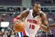 Feb 12, 2014; Auburn Hills, MI, USA; Detroit Pistons power forward Greg Monroe (10) during the first quarter against the Cleveland Cavaliers at The Palace of Auburn Hills. Mandatory Credit: Tim Fuller-USA TODAY Sports