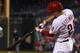 Philadelphia Phillies' Grady Sizemore in action during the eighth inning of a baseball game against the San Francisco Giants, Wednesday, July 23, 2014, in Philadelphia. The Giants won 3-1. (AP Photo/Chris Szagola)