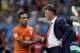 Netherlands' head coach Louis van Gaal shakes hands with Memphis Depay as he comes off during the World Cup quarterfinal soccer match between the Netherlands and Costa Rica at the Arena Fonte Nova in Salvador, Brazil, Saturday, July 5, 2014. (AP Photo/Natacha Pisarenko)