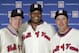 ADVANCE FOR WEEKEND EDITIONS, JULY 26-27 - FILE - In this Jan. 9, 2014 file photo, former Atlanta Braves pitchers Tom Glavine, left, and Greg Maddux, right, pose with Chicago White Sox slugger Frank Thomas after a press conference announcing their election to the 2014 Baseball Hall of Fame class in New York. Induction ceremonies are Sunday, July 27, 2014 in Cooperstown, N.Y. (AP Photo/Kathy Willens, File)