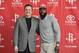 HOUSTON, TX - OCTOBER 29: General Manager Daryl Morey and James Harden of the Houston Rockets poses for a photo as Harden is introduced to the media on October 29, 2012 at Toyota Center in Houston, Texas. NOTE TO USER: User expressly acknowledges and agrees that, by downloading and/or using this photograph, user is consenting to the terms and conditions of the Getty Images License Agreement. Mandatory Copyright Notice: Copyright 2012 NBAE (Photo by Bill Baptist/NBAE via Getty Images)