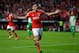 Benfica's Nico Gaitan, from Argentina, celebrates after scoring their second goal against Rio Ave during their Portuguese league soccer match Monday, April 7 2014, at Benfica's Luz stadium in Lisbon. (AP Photo/Armando Franca)