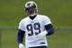 St. Louis Rams first-round draft pick Aaron Donald takes part in a drill during the team's NFL football rookie camp Friday, May 16, 2014, in St. Louis. (AP Photo/Jeff Roberson)