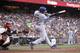 Los Angeles Dodgers' Matt Kemp (27) hits a single during the fifth inning of a baseball game against the San Francisco Giants, Saturday, July 26, 2014, in San Francisco. (AP Photo/Beck Diefenbach)