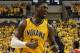 May 3, 2014; Indianapolis, IN, USA; Indiana Pacers center Roy Hibbert (55) celebrates during the fourth quarter against the Atlanta Hawks in game seven of the first round of the 2014 NBA Playoffs at Bankers Life Fieldhouse. Indiana won 92-80. Mandatory Credit: Pat Lovell-USA TODAY Sports