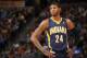DENVER, CO - January 25: Paul George #24 of the Indiana Pacers on the court versus the Denver Nuggets on January 25, 2014 at the Pepsi Center in Denver, Colorado. NOTE TO USER: User expressly acknowledges and agrees that, by downloading and/or using this Photograph, user is consenting to the terms and conditions of the Getty Images License Agreement. Mandatory Copyright Notice: Copyright 2014 NBAE (Photo by Bart Young/NBAE via Getty Images)