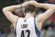 Minnesota Timberwolves forward Kevin Love (42) reacts after a teammate is charged with a foul during the third quarter of an NBA basketball game against the Phoenix Suns in Minneapolis, Sunday, March 23, 2014. The Suns won 127-120. (AP Photo/Ann Heisenfelt)