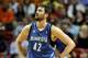 Apr 4, 2014; Miami, FL, USA; Minnesota Timberwolves forward Kevin Love (42) takes a breather during the first half against the Miami Heat at American Airlines Arena. Mandatory Credit: Steve Mitchell-USA TODAY Sports