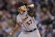 Detroit Tigers relief pitcher Evan Reed (57) during a baseball game against the Kansas City Royals at Kauffman Stadium in Kansas City, Mo., Friday, May 2, 2014. The Detroit Tigers defeated the Kansas City Royals 8-2. (AP Photo/Orlin Wagner)