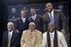 Feb 1, 2014; New York, NY, USA; Members of the 2014 Pro Football Hall of Fame class pose at the 3rd NFL Honors at Radio Music City Hall. Front row (from left): Ray Guy and Claude Humphrey and Derrick Brooks. Back row: Aeneas Williams and Andre Reed and Walter Jones. Mandatory Credit: Kirby Lee-USA TODAY Sports