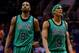 Feb 19, 2014; Phoenix, AZ, USA; Boston Celtics guard Rajon Rondo (9) and forward Jeff Green (8) against the Phoenix Suns at US Airways Center. The Suns defeated the Celtics 100-94. Mandatory Credit: Mark J. Rebilas-USA TODAY Sports