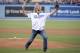 Aug 1, 2014; Los Angeles, CA, USA; Movie actor Jeff Bridges reacts after throwing out the ceremonial first pitch before the game between the Chicago Cubs and the Los Angeles Dodgers at Dodger Stadium. Mandatory Credit: Richard Mackson-USA TODAY Sports