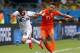 Costa Rica's Cristian Gamboa is pushed off the ball by Netherlands' Memphis Depay during the World Cup quarterfinal soccer match at the Arena Fonte Nova in Salvador, Brazil, Saturday, July 5, 2014. (AP Photo/Wong Maye-E)
