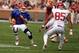 Apr 12, 2014; Norman, OK, USA; Oklahoma Sooners quarterback Trevor Knight (9) runs the ball before being contacted by Sooners defensive end Geneo Grissom (85) during the spring game at Gaylord Family Oklahoma Memorial Stadium. Mandatory Credit: Mark D. Smith-USA TODAY Sports