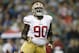 San Francisco 49ers' defensive end Glenn Dorsey celebrates a tackle during the first half of an NFL football game against the Seattle Seahawks, Sunday, Sept. 15, 2013, in Seattle. (AP Photo/John Froschauer)