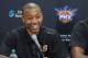 The Phoenix Suns new players Isaiah Thomas, left, and Anthony Tolliver speak as the two basketball players are introduced by the team on Monday, July 21, 2014, in Phoenix. (AP Photo/Ross D. Franklin)