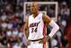 Mar 16, 2014; Miami, FL, USA; Miami Heat guard Ray Allen (34) looks on during the first half against the Houston Rockets at American Airlines Arena. Mandatory Credit: Steve Mitchell-USA TODAY Sports