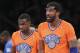 New York Knicks power forward Amar'e Stoudemire (1), right, and shooting guard Tim Hardaway Jr. (5) walk towards their bench during the second half of their NBA basketball game at Madison Square Garden, Wednesday, Dec. 25, 2013, in New York. The Thunder defeated the Knicks 123-94. (AP Photo/John Minchillo)