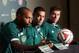 Aug 4, 2014; Portland, OR, USA; MLS All Star representative Thierry Henry (left) speaks while teammates Clint Dempsey (middle) and Matt Besler look on during a press conference in advance of the 2014 MLS All Star Game at The Nines Hotel. Mandatory Credit: Jerry Lai-USA TODAY Sports
