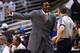 ORLANDO, FL - APRIL 20: Head coach Sam Mitchell of the Toronto Raptors argues with official Joe DeRosa while taking on the Orlando Magic in Game One of the Eastern Conference Quarterfinals during the 2008 NBA Playoffs at the Amway Arena on April 20, 2008 in Orlando, Florida. The Magic defeated the Raptors 114-100. NOTE TO USER: User expressly acknowledges and agrees that, by downloading and or using this photograph, User is consenting to the terms and conditions of the Getty Images License Agreement. (Photo by Doug Benc/Getty Images)