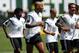 Aug 5, 2014; Portland, OR, USA; Thierry Henry (middle) of the New York Red Bulls warms up with MLS All Star teammates during a training session in advance of the 2014 MLS All Star Game at Providence Park. Mandatory Credit: Craig Mitchelldyer-USA TODAY Sports