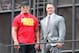 This image released by Starpix shows professional wresting personalities Hulk Hogan, left, and John Cena on top of the The Hard Rock Cafe during a news conference for Wrestlemania 30 on Tuesday, April 1, 2014 in New York. Wrestlemania 30 will be held on Sunday, April 6 in New Orleans . (AP Photo/Starpix, Dave Allocca)