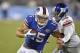 Buffalo Bills wide receiver Chris Hogan (15) runs from New York Giants cornerback Jayron Hosley (28) after a catch during the Pro Football Hall of Fame exhibition NFL football game Sunday, Aug. 3, 2014, in Canton, Ohio. New York won 17-13. (AP Photo/David Richard)