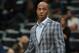 This March 19, 2014 photo shows Detroit Pistons guard Chauncey Billups looking on from bench against the Denver Nuggets in the first quarter of an NBA basketball game in Denver. The Detroit Pistons announced, Monday, June 30, 2014, they won't pick up the team option on Billups’ contract for the 2014-15 season. (AP Photo/David Zalubowski)