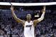 Miami Heat center Chris Bosh celebrates after the Heat defeated the Brooklyn Nets 94-82 in Game 2 of an Eastern Conference semifinal basketball game, Thursday, May 8, 2014 in Miami. (AP Photo/Wilfredo Lee)
