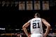 SAN ANTONIO, TX - JUNE 16: Tim Duncan #21 of the San Antonio Spurs stands under the team's four Championship banners while playing the Miami Heat during Game Five of the 2013 NBA Finals on June 16, 2013 at AT&T Center in San Antonio, Texas. NOTE TO USER: User expressly acknowledges and agrees that, by downloading and or using this photograph, User is consenting to the terms and conditions of the Getty Images License Agreement. Mandatory Copyright Notice: Copyright 2013 NBAE (Photo by D. Clarke Evans/NBAE via Getty Images)