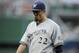 Milwaukee Brewers starting pitcher Matt Garza heads to the dugout after he was pulled from the baseball game against the Washington Nationals during the first inning Saturday, July 19, 2014, in Washington. (AP Photo/Nick Wass)