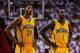 MIAMI, FL - MAY 22: Paul George #24 and Lance Stephenson #1 of the Indiana Pacers look on in the second half against the Miami Heat during Game One of the Eastern Conference Finals at AmericanAirlines Arena on May 22, 2013 in Miami, Florida. NOTE TO USER: User expressly acknowledges and agrees that, by downloading and or using this photograph, user is consenting to the terms and conditions of the Getty Images License Agreement. (Photo by Mike Ehrmann/Getty Images)