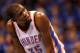 OKLAHOMA CITY, OK - MAY 25: Kevin Durant #35 of the Oklahoma City Thunder looks on in the fourth quarter against the San Antonio Spurs during Game Three of the Western Conference Finals of the 2014 NBA Playoffs at Chesapeake Energy Arena on May 25, 2014 in Oklahoma City, Oklahoma. (Photo by Ronald Martinez/Getty Images)